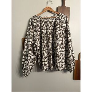 Loft Midnight Espresso Tulip Floral Split Neck Button Sleeves Blouse Size XL NWT